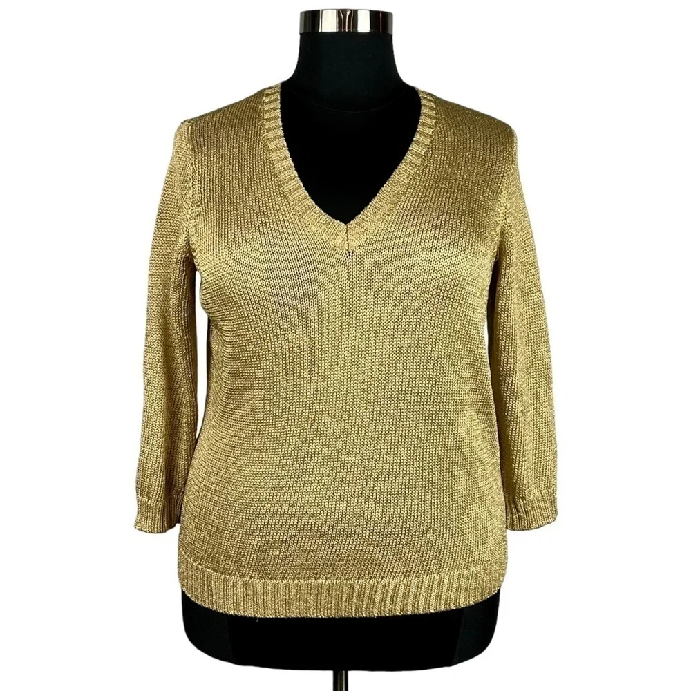 LAUREN RALPH LAUREN METALLIC GOLD V-NECK 3/4 SLEEVE RIBBED PULLOVER SWEATER
